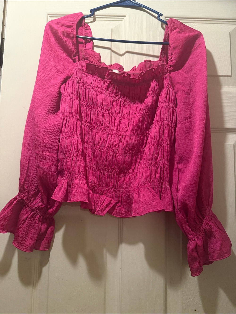a new day Fuchsia Smocked Peasant Blouse with Ruffle Hem